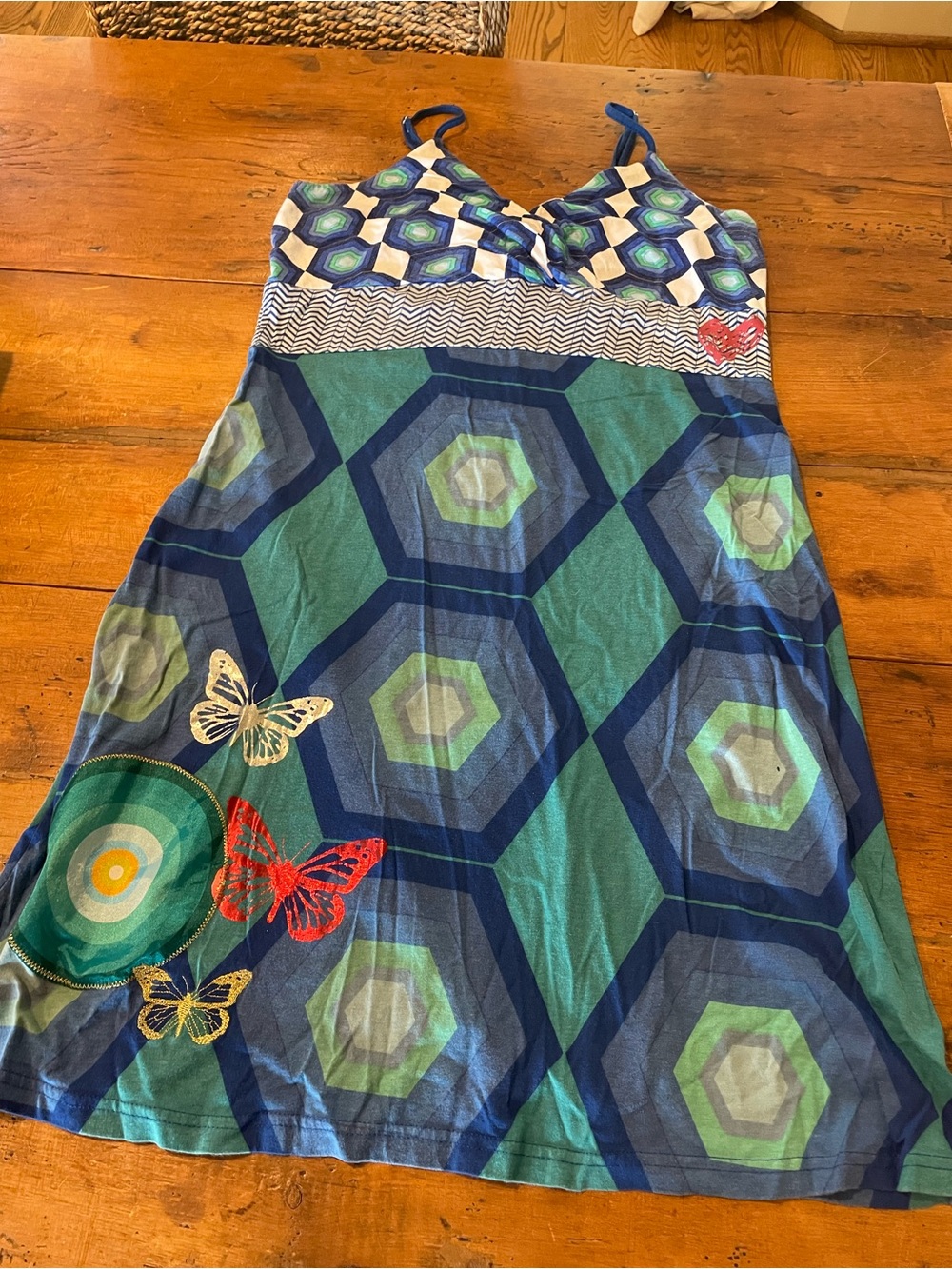 Desigual Geometric Hexagon Print Sundress with Butterfly Accents - Blue/Green